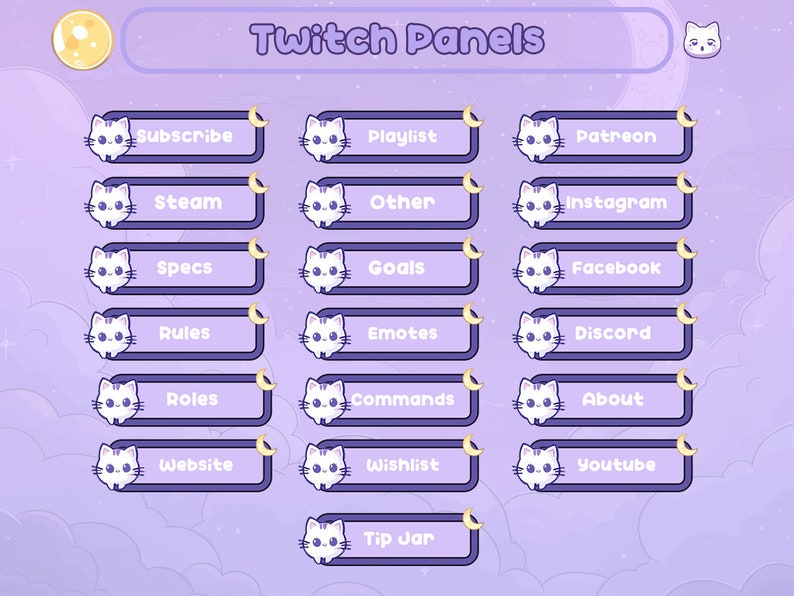 May include: Purple Twitch panels with a cat illustration on each panel. The panels are labeled with text such as "Subscribe", "Playlist", "Patreon", "Steam", "Other", "Instagram", "Specs", "Goals", "Facebook", "Rules", "Emotes", "Discord", "Roles", "Commands", "About", "Website", "Wishlist", "Youtube", and "Tip Jar".