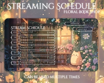 Plantilla de Canva para programar transmisiones con temática floral y de gatos / Planificador de Twitch con brillo acogedor / Horario de VTuber adorable / Superposición mágica de lectura con gatos