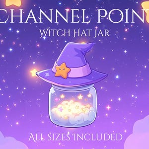 Puede incluir: Un tarro de bruja con forma de sombrero morado con una estrella amarilla en el sombrero. El tarro está lleno de nubes blancas y estrellas amarillas. El fondo es un cielo morado con estrellas blancas. El texto "CHANNEL POINT WITCH HAT JAR ALL SIZES INCLUDED" está en la parte superior e inferior de la imagen.