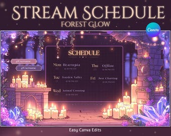Horario de transmisiones de Witchy, Horario de Twitch acogedor, Superposición de vela lunar, Panel gótico celestial, Estética morada, Streamer adorable, VTuber