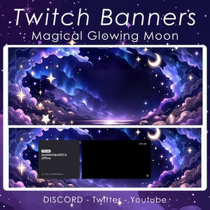 Puede incluir: Banners de Twitch Magical Glowing Moon, gráfico digital que muestra un cielo nocturno con nubes púrpuras y azules, una luna creciente y estrellas colgantes. El banner inferior incluye un cuadro negro con el texto OFFLINE pookiechips222 is offline.