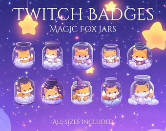 May include: A digital art image featuring nine glass jars with cartoon foxes inside, set against a purple starry background. The text "TWITCH BADGES" and "MAGIC FOX JARS" are at the top, with "ALL SIZES INCLUDED" at the bottom. Each jar has a different fox design.
