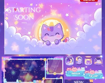 Magical Night Twitch Overlay, Twitch screen | Animated Overlay Stream Package, Cat Twitch | Cute Twitch Overlay | Aesthetic | star overlay