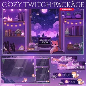 Fox Magic Night Twitch Overlay, Twitch screen | Animated Overlay Stream Package, Fox Twitch | Cute Twitch Overlay | Aesthetic | star overlay