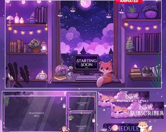 Fox Magic Night Twitch Overlay, Twitch screen | Animated Overlay Stream Package, Fox Twitch | Cute Twitch Overlay | Aesthetic | star overlay