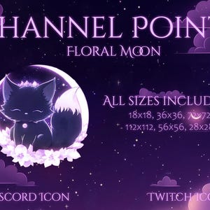 Puede incluir: Gr&aacute;fico digital con el texto "CHANNEL POINT FLORAL MOON". Presenta un gato negro con cola de punta blanca, sentado en una luna creciente rodeado de flores. El fondo es un cielo p&uacute;rpura estrellado, con el texto "ALL SIZES INCLUDED".