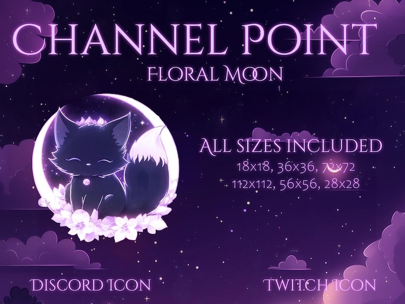 Puede incluir: Gr&aacute;fico digital con el texto "CHANNEL POINT FLORAL MOON". Presenta un gato negro con cola de punta blanca, sentado en una luna creciente rodeado de flores. El fondo es un cielo p&uacute;rpura estrellado, con el texto "ALL SIZES INCLUDED".