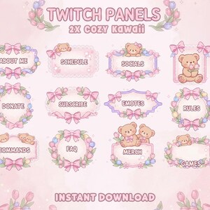 May include: A set of digital Twitch panels featuring pink and pastel floral frames, bows, and teddy bears. The panels include text labels such as ABOUT ME, SCHEDULE, SOCIALS, DONATE, SUBSCRIBE, EMOTES, RULES, COMMANDS, FAQ, MERCH, and GAMES.