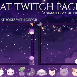 May include: A digital graphic design titled "Cat Twitch Pack" with animated magic night theme. The design features two chat boxes with decor, cat-themed illustrations, stars, and a purple and blue starry night sky background.
