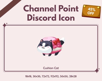 May include: A pink and black cartoon cat wearing a pink bow, sitting on a pink and white macaron. The cat is smiling and has a white belly. The image is labelled "Cushion Cat" and includes the sizes 18x18, 36x36, 72x72, 112x112, 56x56, and 28x28.