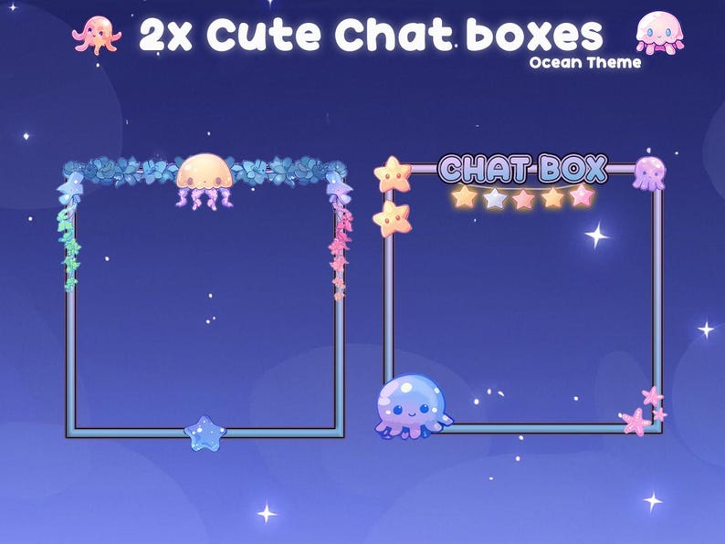 May include: Two cute chat boxes with an ocean theme. Each box is a square frame with decorative elements like jellyfish, stars, and seaweed. The text "2x Cute Chat boxes" and "Ocean Theme" are at the top.
