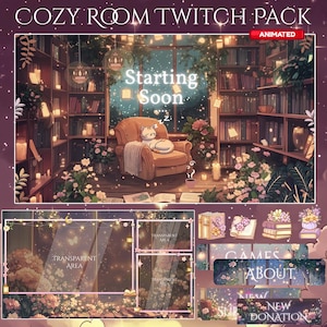 Cozy Cat Twitch Pack / Moon / Spring / Pastel / Cute / Overlay / Books / Dreamy / Twitch screen / Twitch Overlay / Fairy | Animated | Ghibli