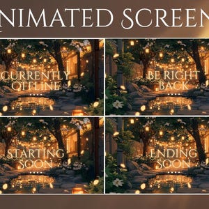 May include: Animated screens with a serene garden scene. The screens display text such as "Currently Offline," "Be Right Back," "Starting Soon," and "Ending Soon." The artwork features a pond, trees, and glowing lanterns.