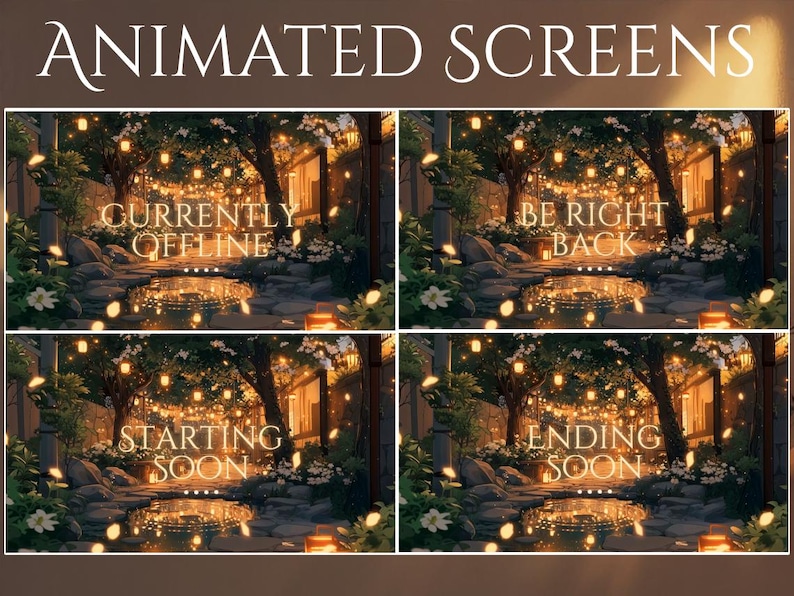 May include: Animated screens with a serene garden scene. The screens display text such as "Currently Offline," "Be Right Back," "Starting Soon," and "Ending Soon." The artwork features a pond, trees, and glowing lanterns.