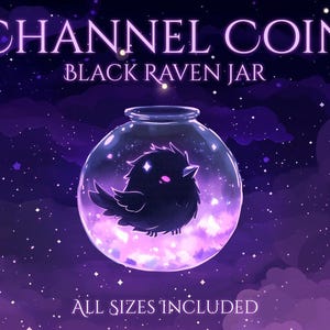 Könnte beinhalten: Digitales Kunstwerk mit einem schwarzen Raben in einem Glas, vor einem lila Sternenhimmel. Der Text "CHANNEL COIN BLACK RAVEN JAR" steht oben, mit "ALL SIZES INCLUDED" unten.
