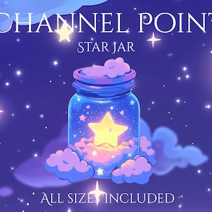 Peut inclure: Un bocal en verre bleu avec un couvercle blanc rempli d'étoiles jaunes et de nuages blancs sur un fond de nuit étoilée bleu foncé. Le texte "CHANNEL POINT STAR JAR" est en haut de l'image et le texte "ALL SIZES INCLUDED" est en bas de l'image.