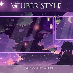 May include: A digital art piece with a purple and pink night sky theme, featuring the text "VTUBER STYLE" and "POSITION ANYWHERE". The design includes a window frame, a cat, plants, lanterns, and a silhouette of a character.