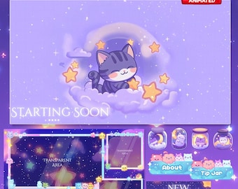 Magical Night Twitch Overlay, Twitch screen | Animated Overlay Stream Package, Cat Twitch | Cute Twitch Overlay | Aesthetic | star overlay