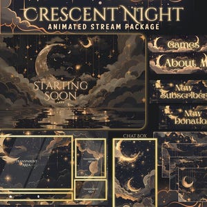 Crescent Moon Twitch Overlay, Twitch screen | Animated Overlay Stream Package Starry Sky | Cute | Cloud | Golden | Sparkle | Vtuber Pack