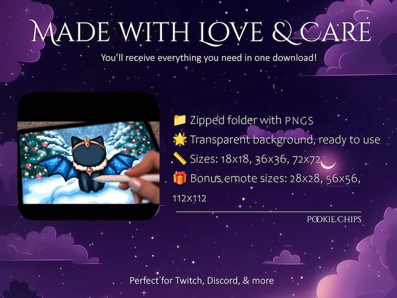 Puede incluir: Anuncio de arte digital con un fondo azul oscuro y estrellas blancas. El texto "MADE WITH LOVE & CARE" est&aacute; en la parte superior. Una tableta muestra un murci&eacute;lago de dibujos animados con alas azules. Los detalles del texto incluyen PNG, fondos transparentes y varios tama&ntilde;os.