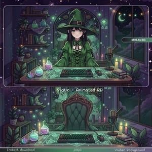 May include: Digital illustration of a witch-themed streaming background. The image features a green-clad character at a desk with a keyboard, mouse, and microphone. The background includes bookshelves, potion bottles, candles, and a night sky view. Text on the image reads "STREAM BG" and "Vtuber Background".