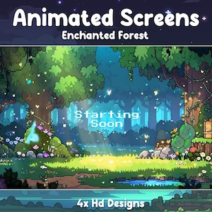 Op de afbeelding: Geanimeerd screensaver-ontwerp met een betoverd bos. De afbeelding toont een groen bos met gloeiende lichten, vlinders en de tekst "Starting Soon". Het ontwerp bevat onderaan de tekst "4x HD Designs".