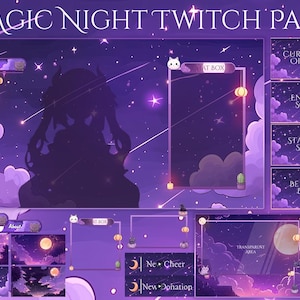 Overlay Twitch Notte Magica, Schermo Twitch / Pacchetto Streaming Overlay Animato, Cielo Stellato / Overlay Twitch Carino / Viola / Pacchetto Vtuber