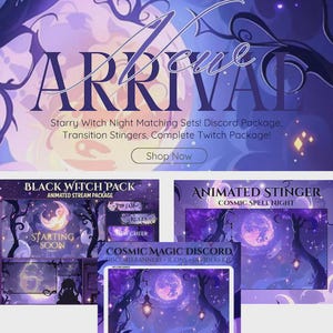 Op de afbeelding: Digitale kunstadvertentie met een paars en blauw sterrennachtthema. Het woord "ARRIVED" staat bovenaan. De advertentie promoot Starry Witch Night Matching Sets, Discord Packages en Twitch Packages. Extra afbeeldingen zijn een maan, bomen en tekst.