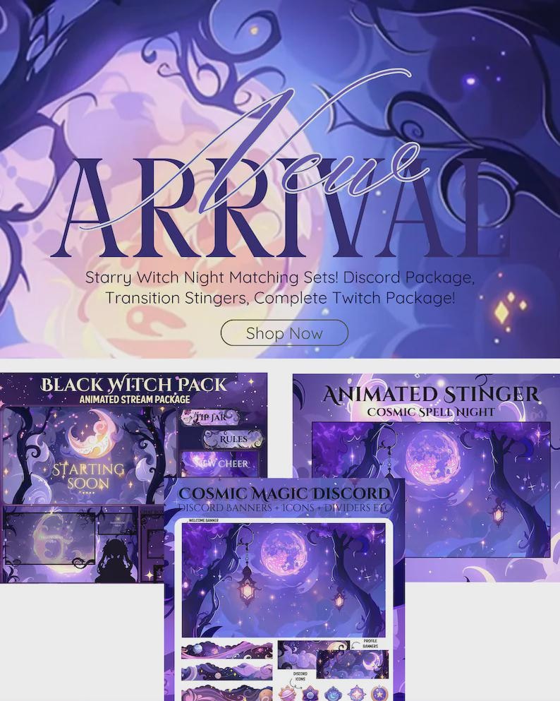 Op de afbeelding: Digitale kunstadvertentie met een paars en blauw sterrennachtthema. Het woord "ARRIVED" staat bovenaan. De advertentie promoot Starry Witch Night Matching Sets, Discord Packages en Twitch Packages. Extra afbeeldingen zijn een maan, bomen en tekst.