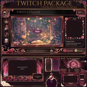 Könnte beinhalten: Ein digitales Twitch-Overlay-Paket mit einem romantischen, floralen Thema. Das Design zeigt ein Hauptstreaming-Fenster, eine Chatbox und einen Stream-Info-Bereich, alles in Burgunder und Gold mit Rosenakzenten gerahmt. Der Text "TWITCH PACKAGE" und "OVERLAYS FRAMES BUNDLE" sind sichtbar.