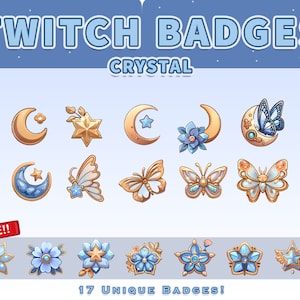 May include: A collection of 17 digital Twitch badges titled TWITCH BADGES CRYSTAL. The set features gold and blue illustrations of crescent moons, stars, flowers, and butterflies with crystal accents. A red tag labeled FREE!! is visible.