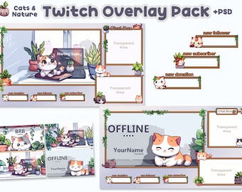 May include: A digital Twitch overlay pack featuring a cute cat theme. The pack includes various designs for "Starting Soon", "Offline", and "BRB" screens, along with chat boxes and notification alerts. The design incorporates plants and a cozy aesthetic.