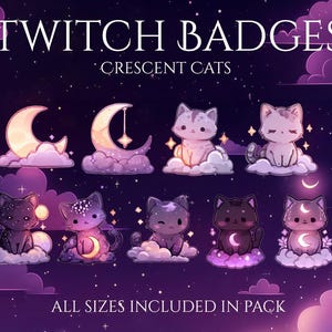 Peut inclure: Image numérique de badges Twitch sur le thème céleste. Les badges présentent d'adorables chats de dessin animé avec des motifs de croissant de lune, sur un fond violet étoilé. Le texte indique "Twitch Badges" et "Crescent Cats".