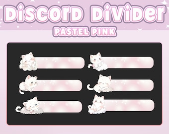 May include: A set of three pastel pink Discord dividers featuring cute white kittens. Each divider has a white kitten with a pink background and a white border.