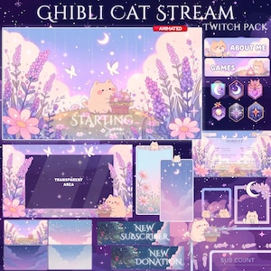 May include: A digital art pack for Twitch streams, featuring a Ghibli-inspired cat theme. The design includes a lavender field, a cat character, and various overlay elements with text like "About Me" and "Games". The color palette is soft, with purples and pinks.