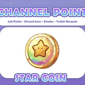 Peut inclure: Une pièce d'or avec une étoile arc-en-ciel au centre. L'étoile a un visage mignon et est entourée d'un arc-en-ciel. La pièce dit "STAR COIN" en bas.