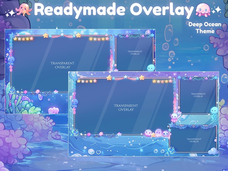 May include: A digital overlay set with a deep ocean theme. The design features a blue background with illustrations of jellyfish, stars, and coral. The text "Readymade Overlay" and "Deep Ocean Theme" are visible. Each overlay has a transparent section.