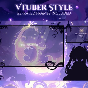 Op de afbeelding: Een digitaal ontwerp in paars en geel, met de tekst "VTUBER STYLE" en "SEPRATED FRAMES INCLUDED". Het bevat transparante gebieden en decoratieve zwarte frames, samen met een silhouet van een personage.