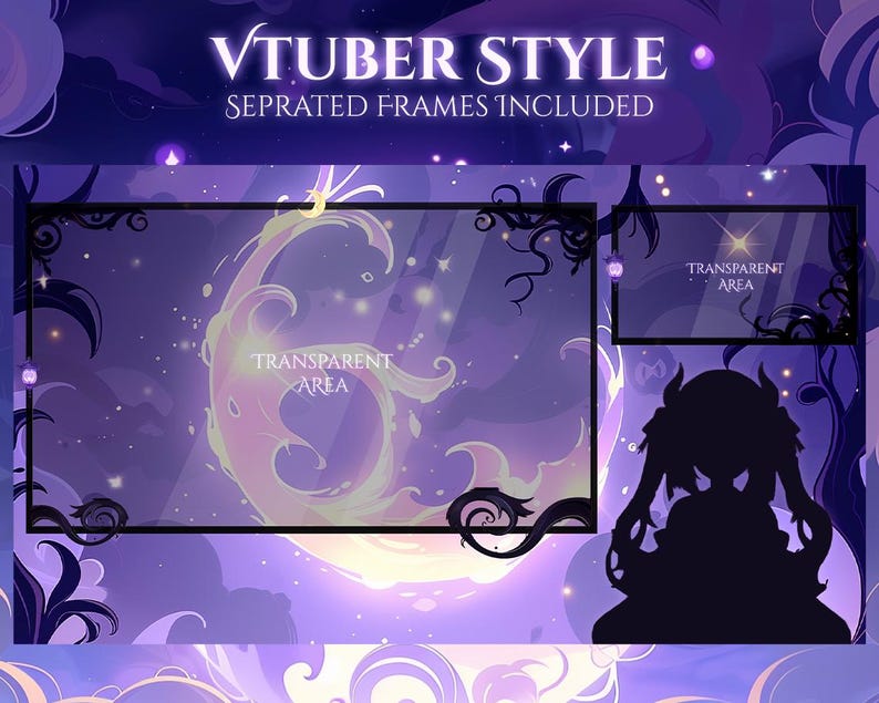 Op de afbeelding: Een digitaal ontwerp in paars en geel, met de tekst "VTUBER STYLE" en "SEPRATED FRAMES INCLUDED". Het bevat transparante gebieden en decoratieve zwarte frames, samen met een silhouet van een personage.