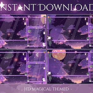 May include: A digital download featuring a magical-themed overlay design. The design includes a starry night sky, clouds, moons, and a cat. The text "INSTANT DOWNLOAD" and "HD MAGICAL THEMED" are visible.