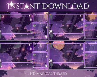 Bundle Frames & Background Magical Night Twitch Overlay, Twitch screen | Moon Stream Package, Cat Twitch | Cute Twitch Overlay