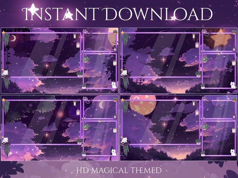 May include: A digital download featuring a magical-themed overlay design. The design includes a starry night sky, clouds, moons, and a cat. The text "INSTANT DOWNLOAD" and "HD MAGICAL THEMED" are visible.