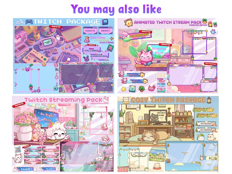 May include: Four different Twitch stream packages featuring animated backgrounds and overlays. The packages include a retro arcade theme, a Pokemon theme, a Sakura Blossom theme, and a cozy cat theme. Each package includes a variety of elements, such as alerts, panels, and screens.