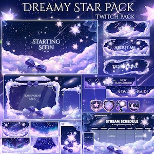 Op de afbeelding: Een digitaal Twitch-overlaypakket met een donkerblauw sterrenhemelthema met paarse wolken, gloeiende sterren en strikken. Bevat panelen met de tekst Socials, About Me, Donations, New Subscriber, New Raid en een wekelijks streamingschema.