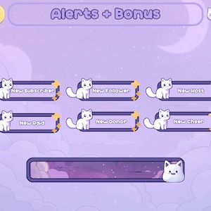 May include: Purple and white animated Twitch alerts featuring a cute cartoon cat with the text "New Subscriber", "New Follower", "New Host", "New Raid", "New Donor", and "New Cheer".