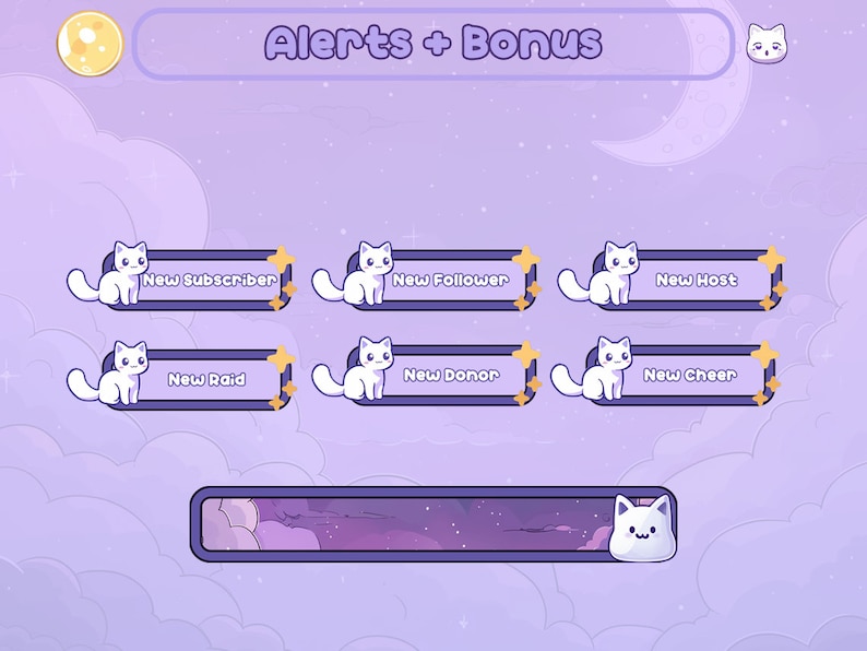 May include: Purple and white animated Twitch alerts featuring a cute cartoon cat with the text "New Subscriber", "New Follower", "New Host", "New Raid", "New Donor", and "New Cheer".