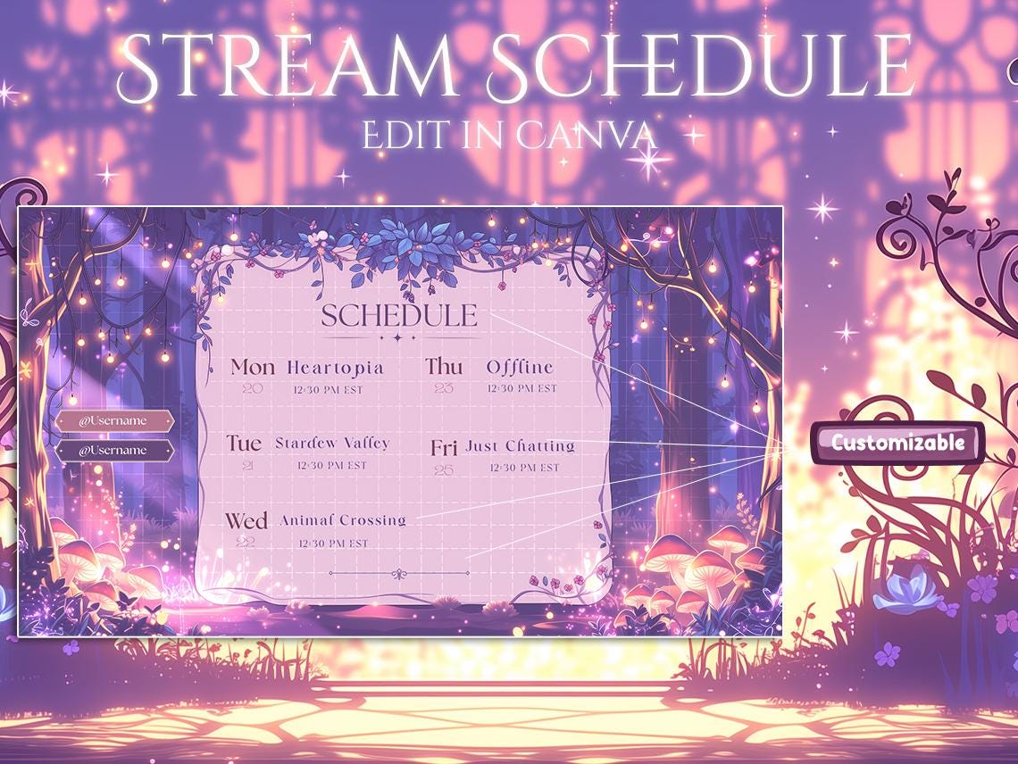 Forest Glow Stream Schedule | Cozy Twitch Overlay, Floral (canva ...