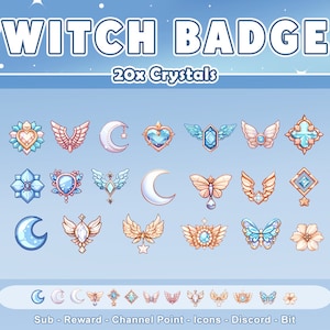 May include: A collection of twenty digital pixel art badges featuring crystals, moons, wings, butterflies, and floral shapes in shades of blue, pink, and gold. The text TWITCH BADGES 20x Crystals appears at the top, with Sub, Reward, Channel Point, Icons, Discord, Bit at the bottom.