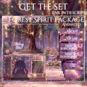 Op de afbeelding: Een digitaal kunstpakket met een bosthema. Het pakket bevat geanimeerde overlays en panelen met een zachte, dromerige esthetiek. De tekst "FOREST SPIRIT PACKAGE ANIMATED" wordt weergegeven, samen met knoppen met de tekst "ABOUT", "TIP JAR", "NEW SUBSCRIBER" en "NEW DONATION".
