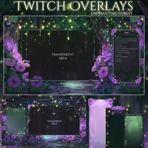 May include: Digital Twitch overlays with an enchanting forest theme. The design features a dark background with purple flowers, glowing lights, and a transparent area for the stream. Text includes "Twitch Overlays" and "Enchanting Forest".